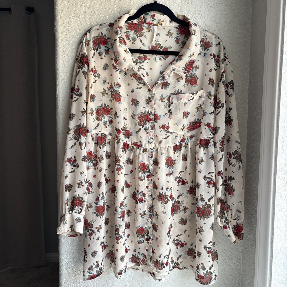 Free People Womens XS Dress Tunic Blouse Floral Cream Boho Button Down Tie Back